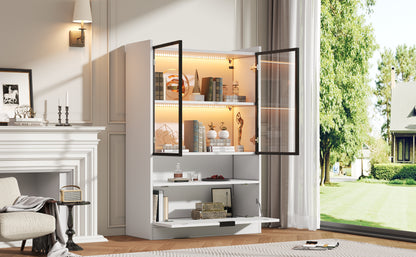 Moderne LED Vitrine Matt Höhe 120cm mit LED-Beleuchtung, Glasvitrine Standvitrine mit Beleuchtung, Wohnzimmerschrank mit Glastüren und Klapptür, Spanplatte Display Schrank,Weiß