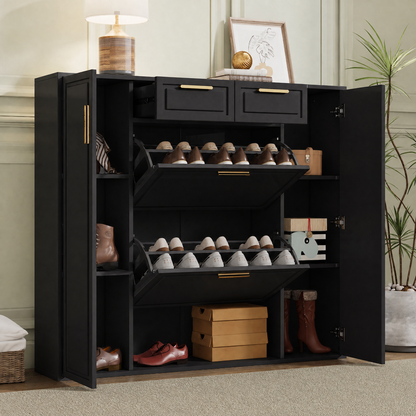 Gigab2b original image - Moderne Schuhschrank, mit verstellbaren Regalen, goldenen Griffen, 2 Schubladen, Klappschuhschrank und 2 Türen, Schwarz, B120/D24/H107 CM