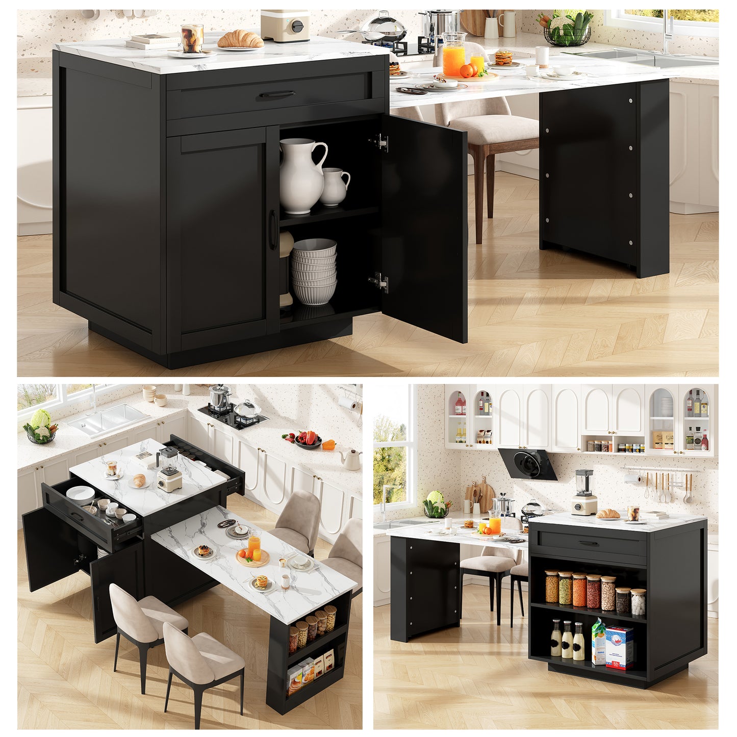 Ausziehbarer Stehtisch mit Stauraum (98-204×70×93,5cm), mit 2 Schublade und 2 Fächern, Kücheninsel-Ausziehtisch für 2-6 Personen, Küchen-Esswagen mit Seitenablagen,Schwarz