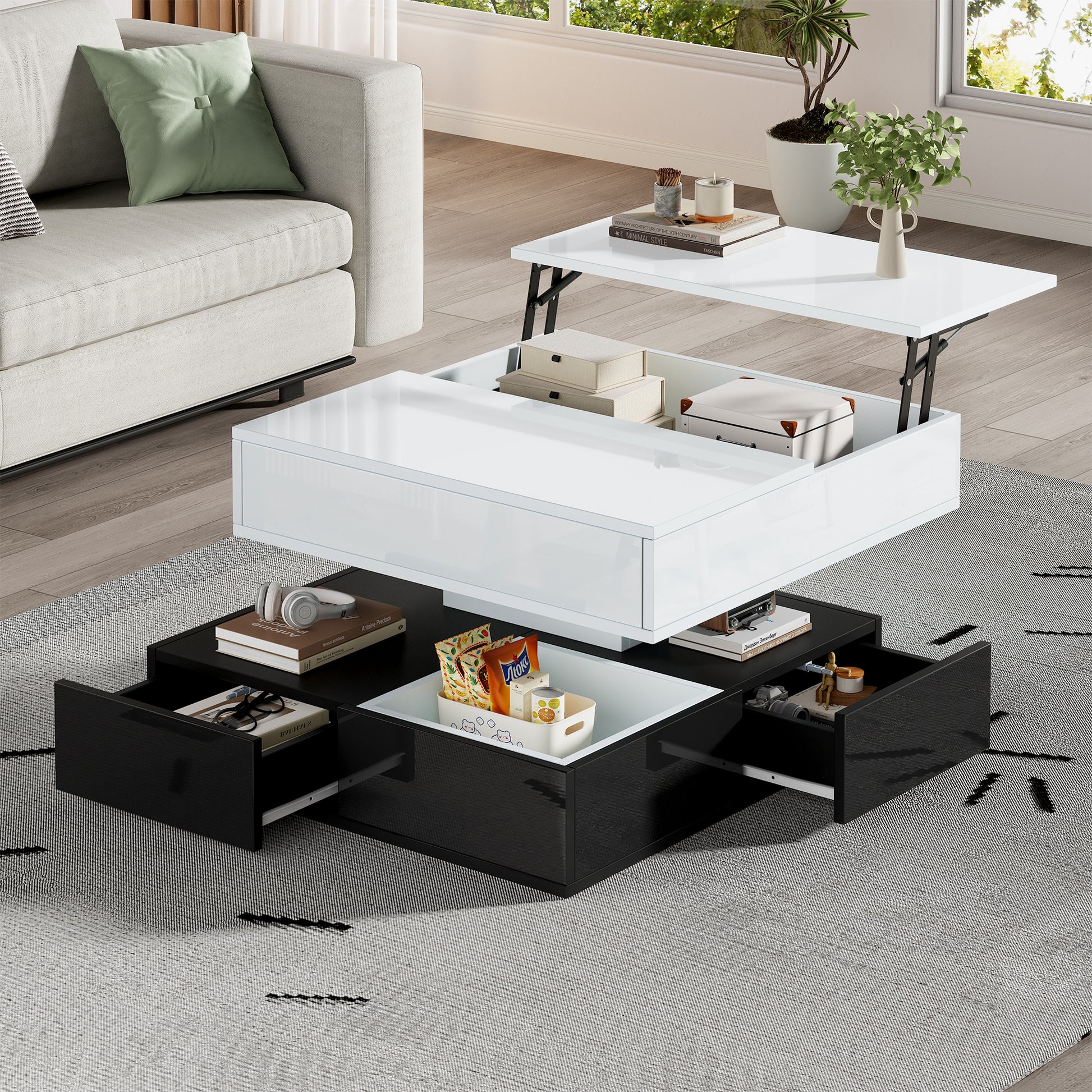 70*70*40cm Couchtisch mit 360°drehbarer Tischplatte,Doppelschicht Wohnzimmertisch mit 3 Schubladen,Hochglanz geometrischer Kaffeetish,anhebbarer Sofatisch,Beistelltisch mit Stauraum,Weiß+Schwarz