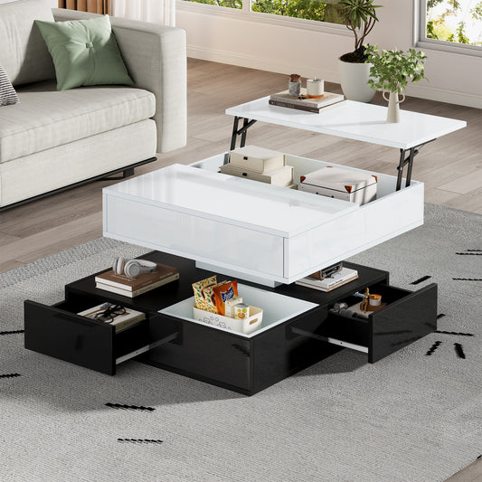 70*70*40cm Couchtisch mit 360°drehbarer Tischplatte,Doppelschicht Wohnzimmertisch mit 3 Schubladen,Hochglanz geometrischer Kaffeetish,anhebbarer Sofatisch,Beistelltisch mit Stauraum,Weiß+Schwarz