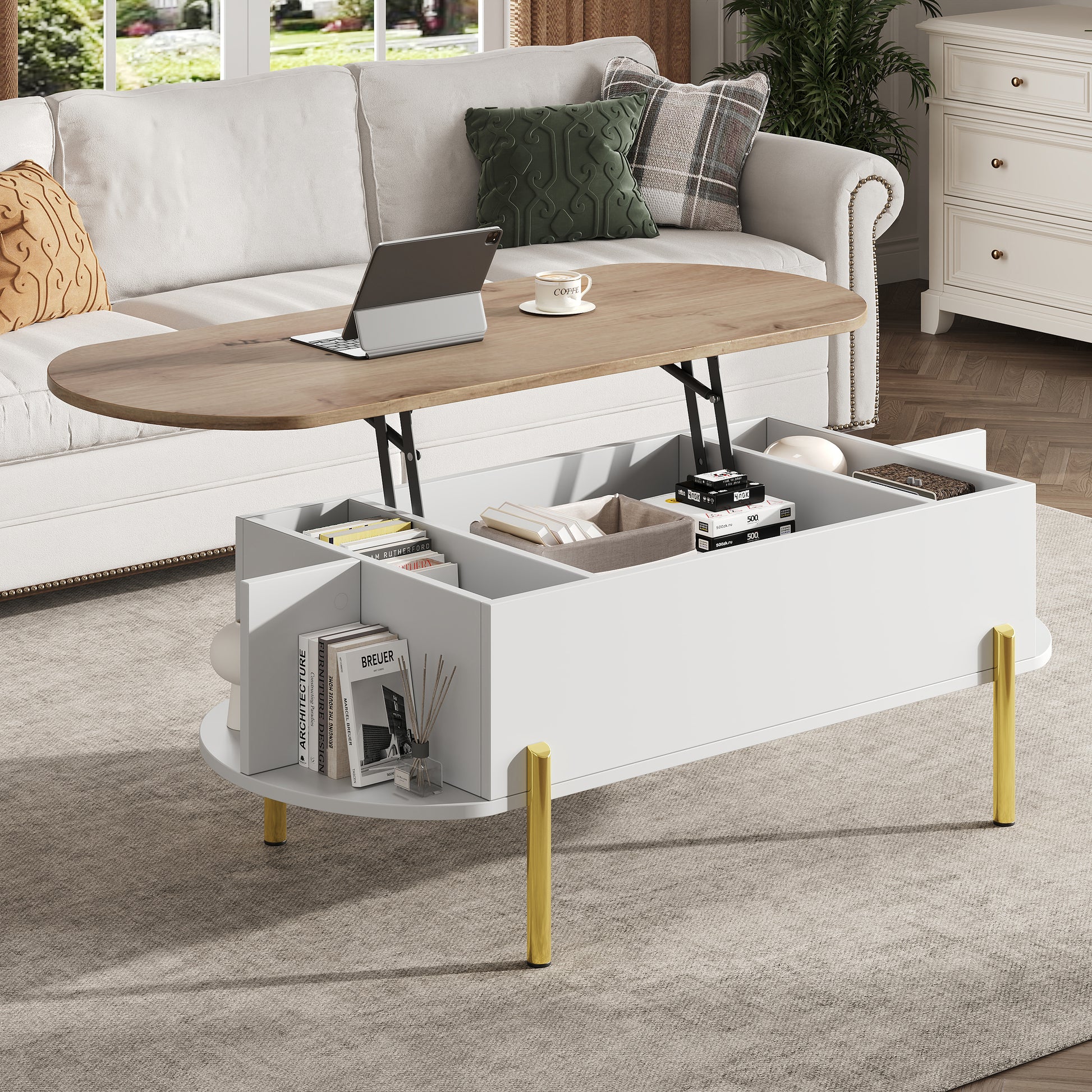 120*50*43cm Couchtisch Wohnzimmertisch Kaffeetisch mit Höhenverstellbarer Platte,Wohnzimmertische, Beistelltische, Sofatische mit verstecktem Stauraum,kaffetisch mit 7 Ablageflächen,Holzfarbe+Weiß