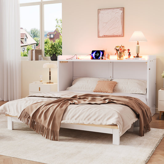 Gigab2b original image - Schrankbett, 140 x 200cm, Unter dem Bett befinden sich Schubladen, Mit USB und Steckdose, LED-Lichtleiste, Mit Hochglanzplatte, Umbaubares Plattformbett, Ohne Matratze, weiß
