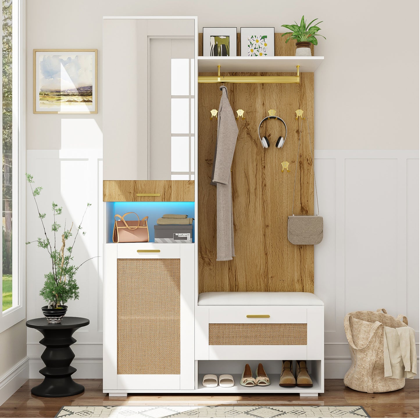 Gigab2b original image - Garderoben-Set, Kleiderschrank-Set mit Spiegel, 6 goldenen Kleiderhaken, Schuhschrank, Wandgarderobe, oberem Stauraumfach, Sitzbank und 16-farbiger LED-Beleuchtung