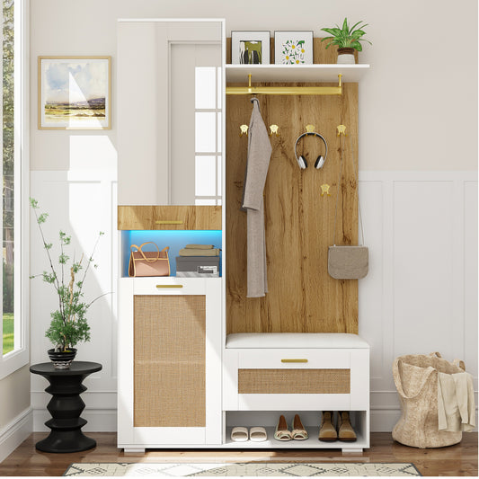 Gigab2b original image - Garderoben-Set, Kleiderschrank-Set mit Spiegel, 6 goldenen Kleiderhaken, Schuhschrank, Wandgarderobe, oberem Stauraumfach, Sitzbank und 16-farbiger LED-Beleuchtung