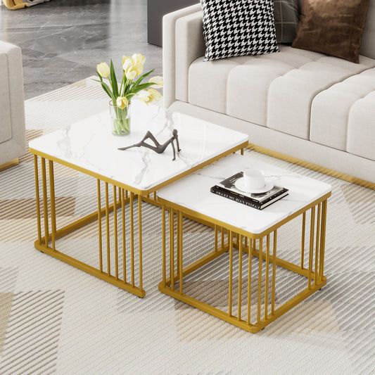 Gigab2b original image - WF326269AAW image change)2er Set quadratische Hochglanz-Marmoroptik-Couchtische, ineinander schiebbare Tische mit goldenen Beinen, 60*60*45cm und 45*45*40cm, vielseitig einsetzbar
