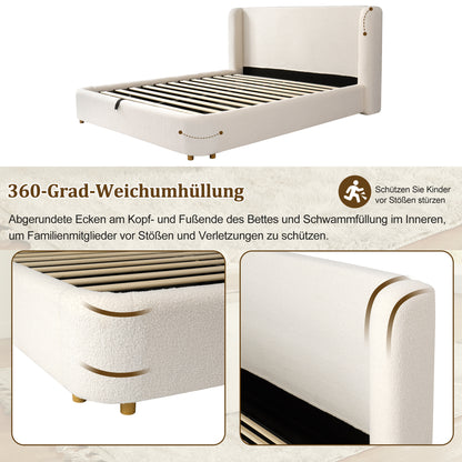 Polsterbett,Doppelbett,hydraulisches Funktionsbett,Bett mit Lattenrost, Kopfteil und  großem Stauraum, gepolstertes Kopfteil, Beige Bouclé, 180 x 200