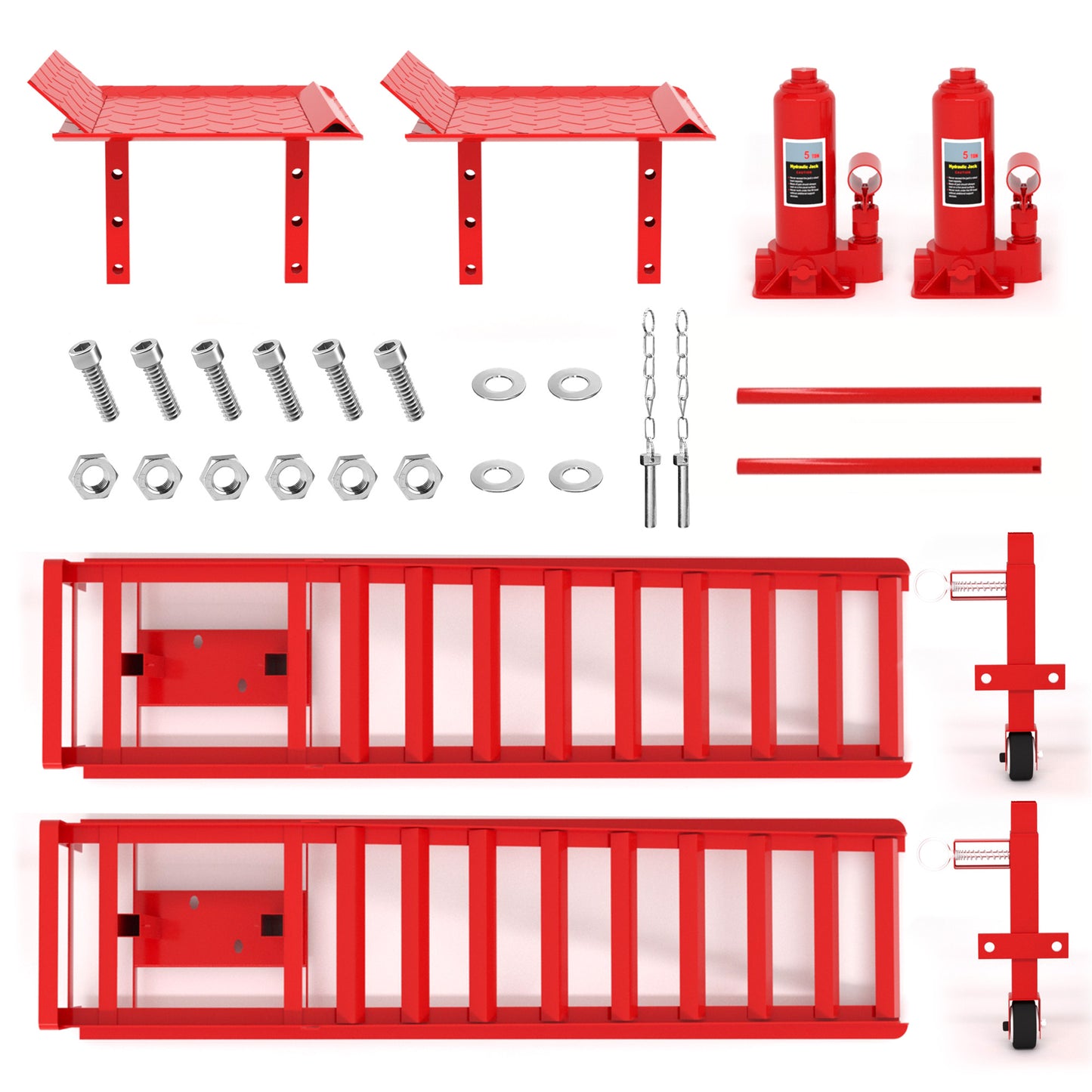 2er-Set Hydraulische Heberampen mit Rollen, 5T Schwerlast-Rampen (11065 lbs) inkl. Hydraulikheber, Tragbare Autohebebühne für Ölwechsel & Heimwerker-Garage, Hubhöhe 23–36 cm (9"–14,2"), Rot