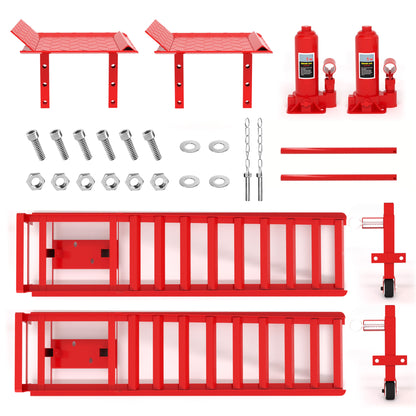 2er-Set Hydraulische Heberampen mit Rollen, 5T Schwerlast-Rampen (11065 lbs) inkl. Hydraulikheber, Tragbare Autohebebühne für Ölwechsel & Heimwerker-Garage, Hubhöhe 23–36 cm (9"–14,2"), Rot
