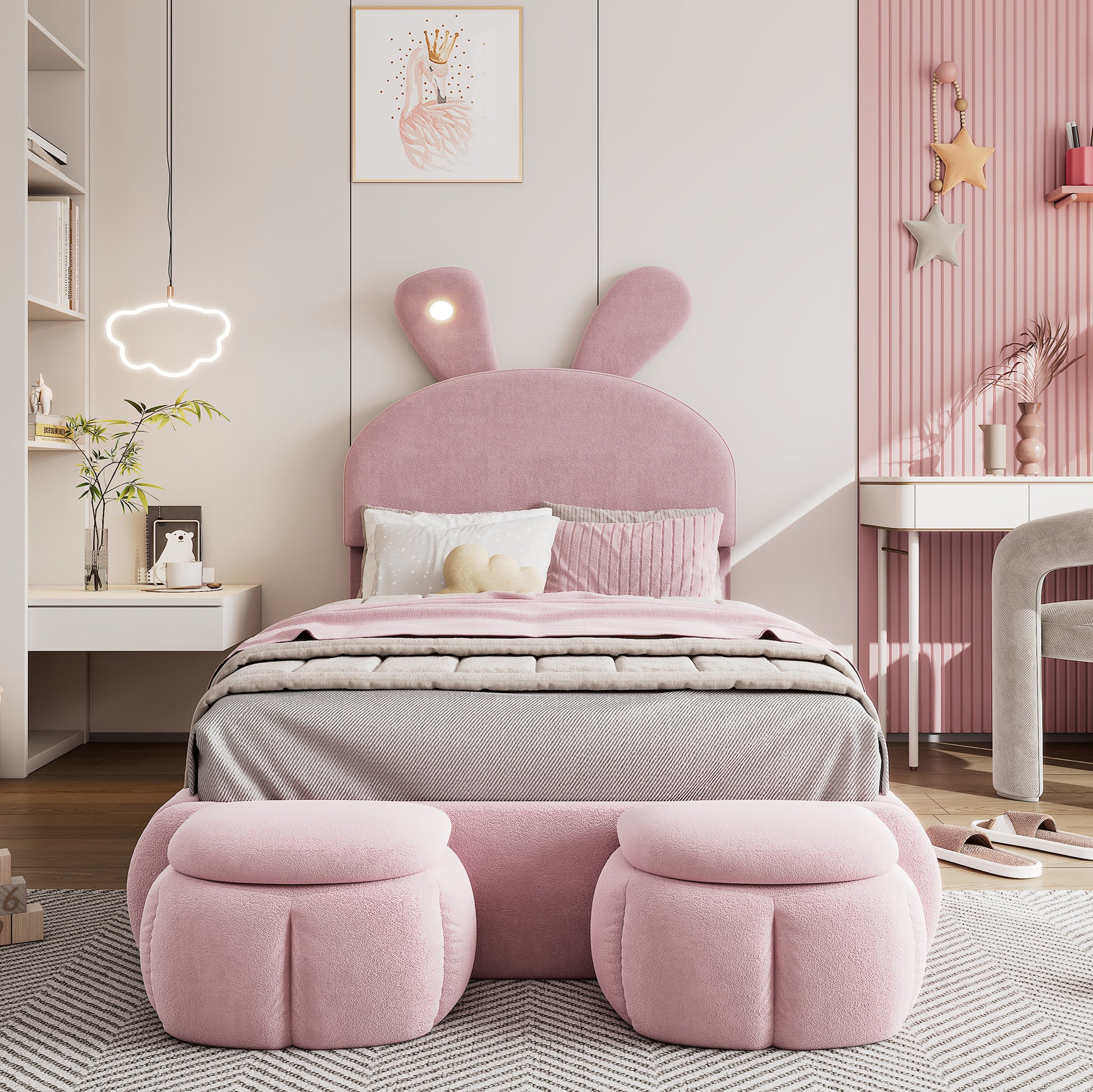 Gigab2b original image - [53068586PAA]Polsterbett, Einzelbett, Hasenohren mit einstellbarer Helligkeit warmfarbenen Lichtstreifen, mit zwei Aufbewahrungshockern, Kinderbett mit Holzlatten, Samt, Rosa, 90x200cm