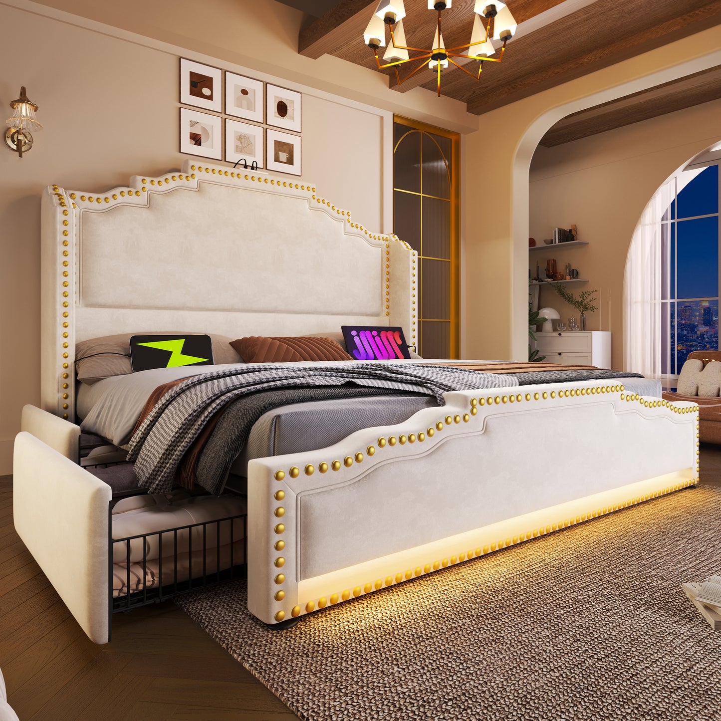 (=AB30981012B)Polsterbett 180×200, Doppelbett mit 4 Schubladen, LED-Beleuchtung und USB-C-Ladeanschluss, Stauraumbett und Jugendbett mit Lattenrost, Samt, Beige, ohne Matratze