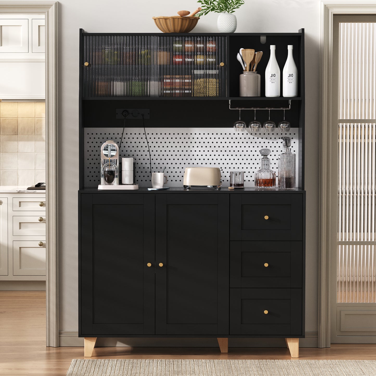Gigab2b original image - Hochschrank mit Steckdosen und Lochbrett , Barschrank mit Weinglashaltern und Stauraum, Küchen-Buffetschrank mit Schubladen, Ideal für Küche und Esszimmer (Schwarz)