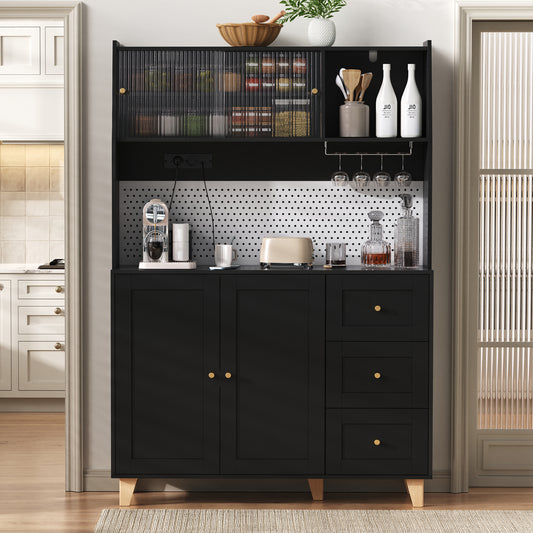 Gigab2b original image - Hochschrank mit Steckdosen und Lochbrett , Barschrank mit Weinglashaltern und Stauraum, Küchen-Buffetschrank mit Schubladen, Ideal für Küche und Esszimmer (Schwarz)
