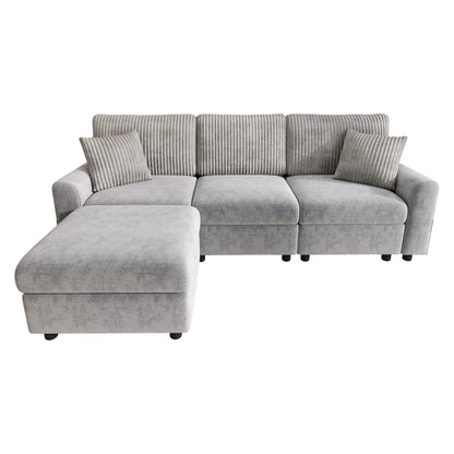 Modernes Sofa mit 1 Fußhocker, 2 quadratischen Kissen, 1 USB-Anschluss und 1 Type-C-Anschluss, Grau (Maße: B223 × H84 × T146 cm)