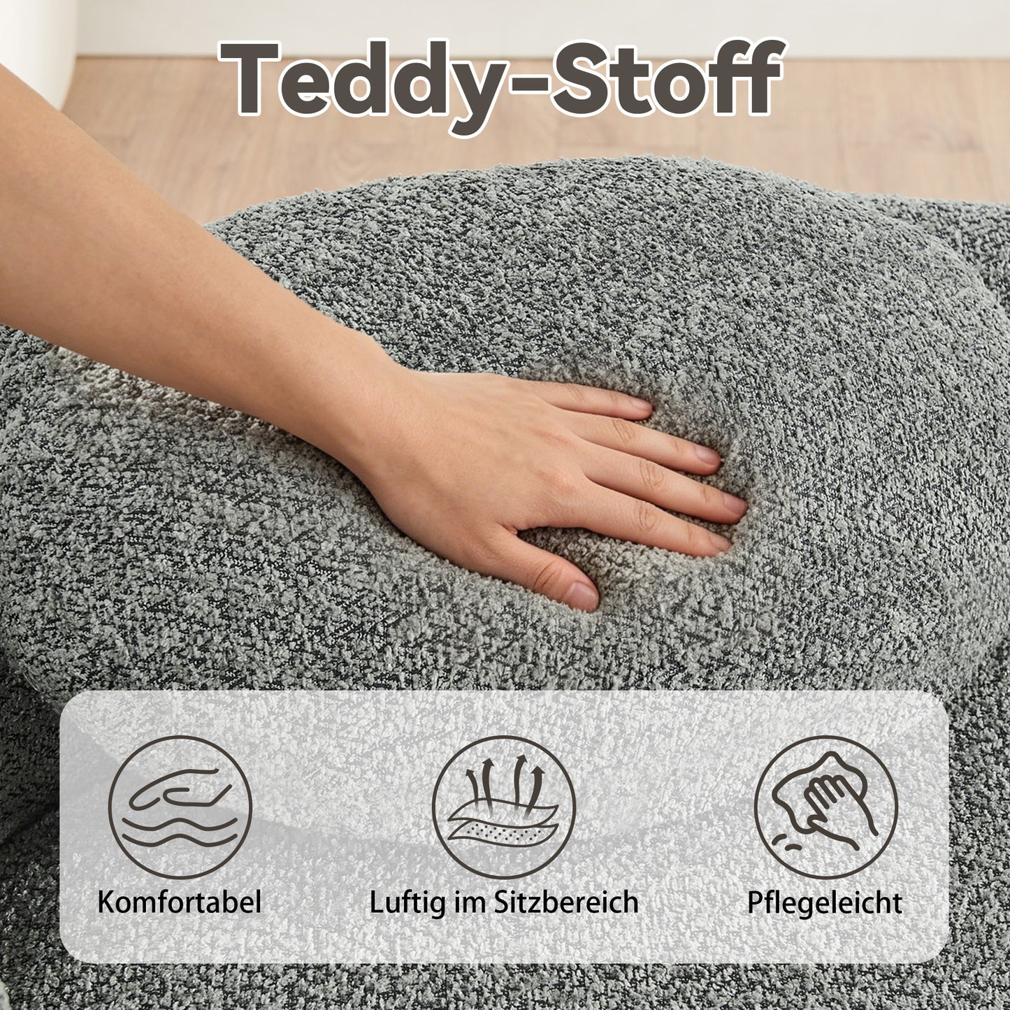 Minimalistisches Teddyfleece-Sofa mit abgerundetem Design, weich gepolsterte Couch mit Kissen, vielseitig einsetzbar für Wohnzimmer, Schlafzimmer und Studio,Gray