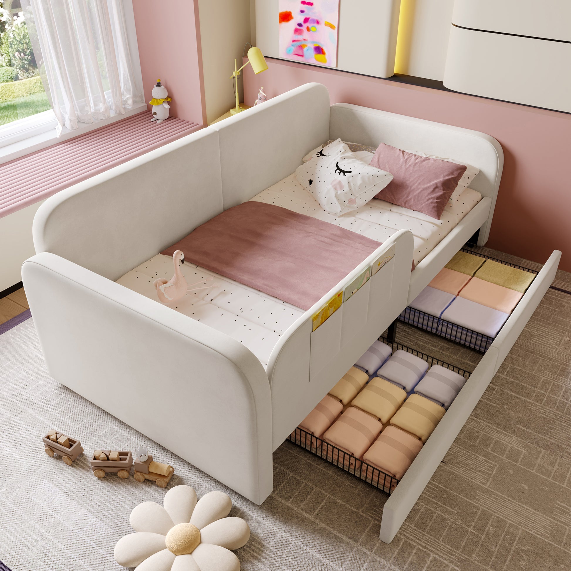 Gigab2b original image - Kinder-Spleißbett, Polsterbett, Tagesbett, Schlafsofa mit Metallbettgestell, 3 kleine Aufbewahrungstaschen, 2 Schubladen auf Rollen, Samt+MDF+Sperrholz, Weiß, 90x200cm