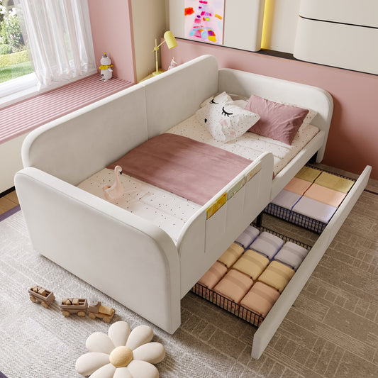 Gigab2b original image - Kinder-Spleißbett, Polsterbett, Tagesbett, Schlafsofa mit Metallbettgestell, 3 kleine Aufbewahrungstaschen, 2 Schubladen auf Rollen, Samt+MDF+Sperrholz, Weiß, 90x200cm