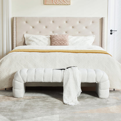 Moderner armlehnloser Chenille-Polsterbettbank mit Rillenpolsterung, Chaiselongue & Hocker für Wohnzimmer, Schlafzimmer, Eingangsbereich,Ivory