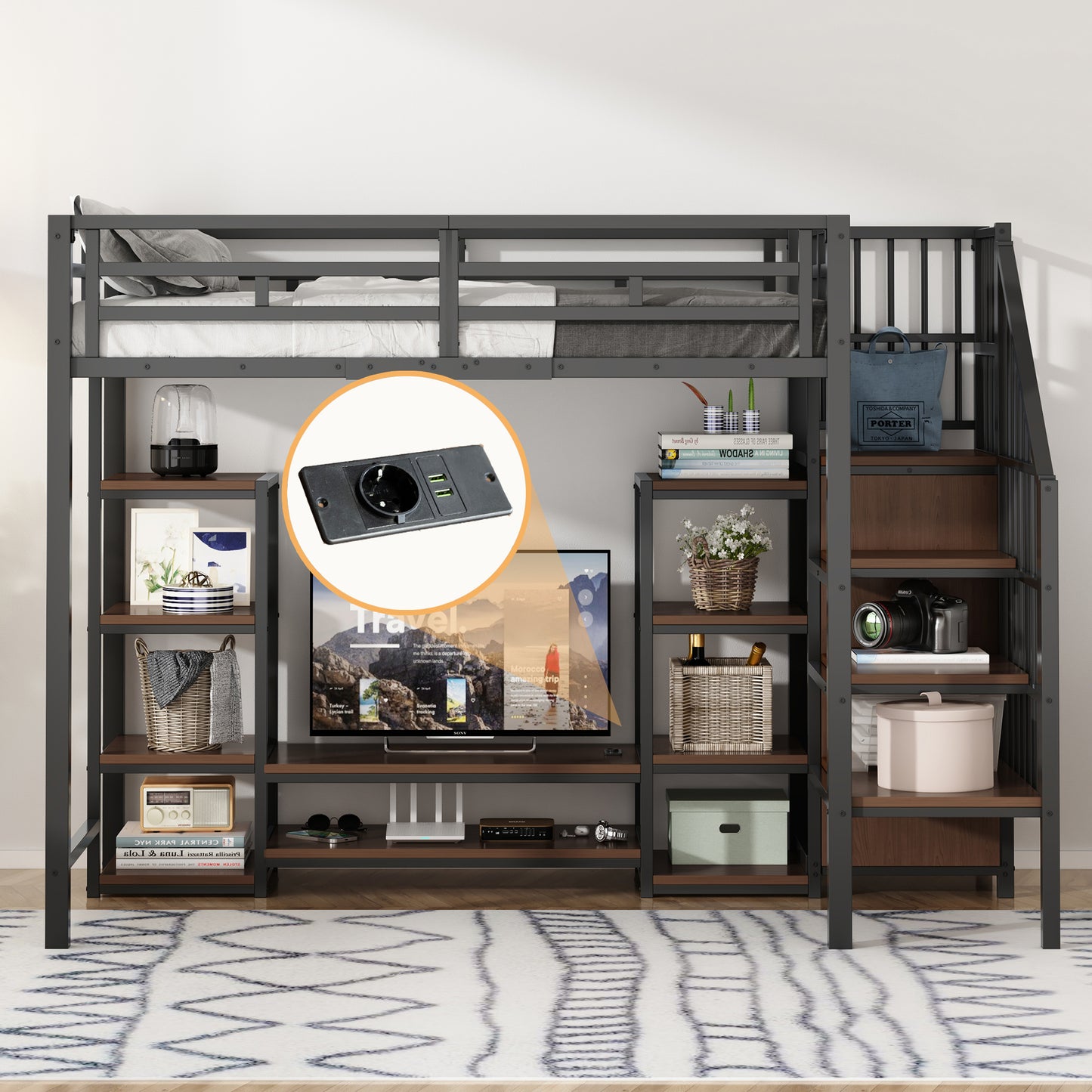 Gigab2b original image - Hochbett 90x200 mit TV-Ständer, Steckdose und Sicherheitsleiter ,  Stabile Metall-Holz-Kombination, modernes, platzsparendes Hochbett , Kinder-Etagenbettmit praktischem Stauraum, schwarz