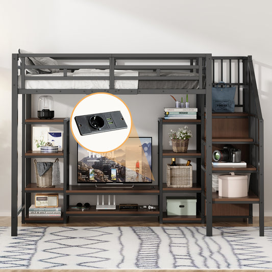 Gigab2b original image - Hochbett 90x200 mit TV-Ständer, Steckdose und Sicherheitsleiter ,  Stabile Metall-Holz-Kombination, modernes, platzsparendes Hochbett , Kinder-Etagenbettmit praktischem Stauraum, schwarz
