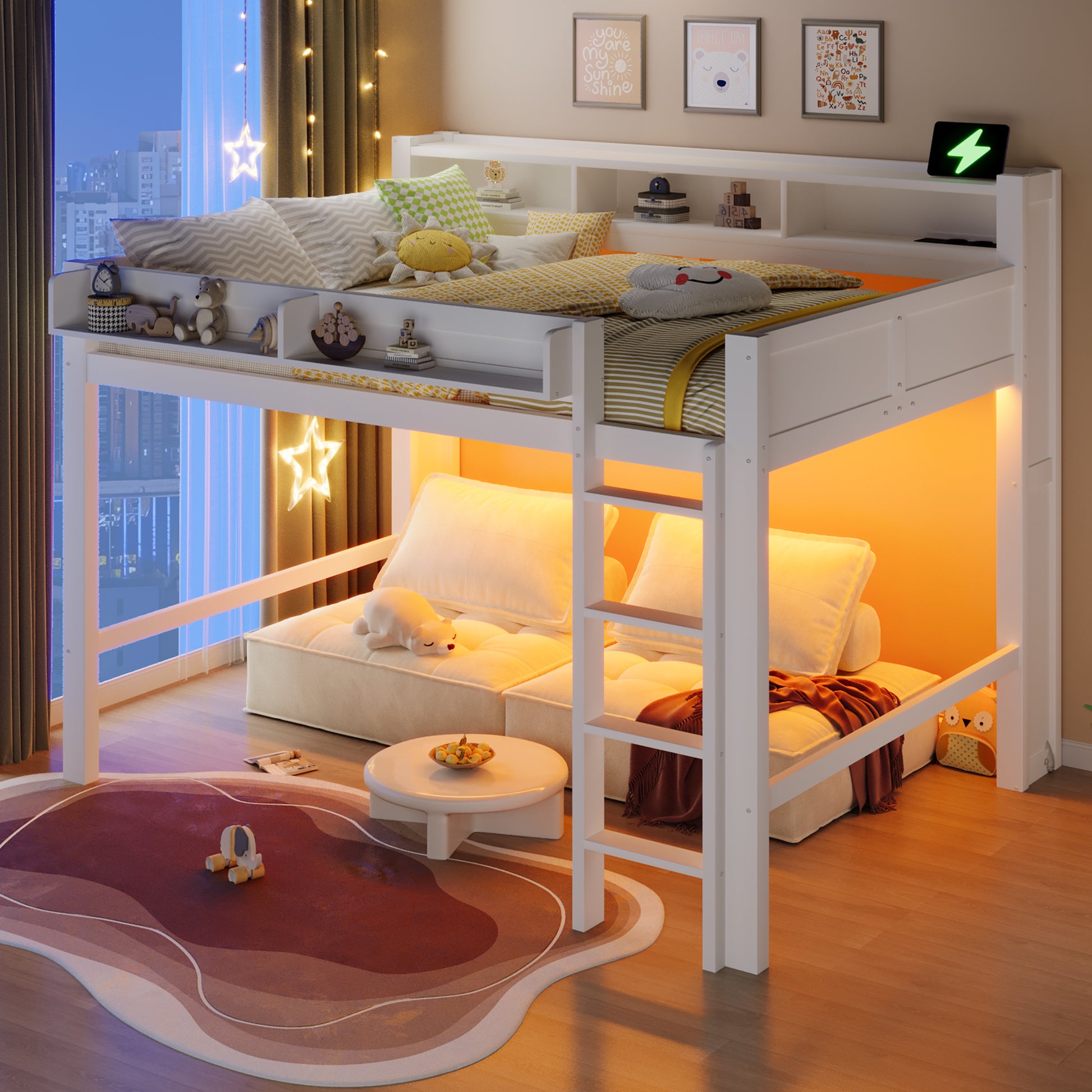 140x200 cm großes Hochbett aus Holz mit Ablagefächern, LED-Beleuchtung und USB-Anschluss, Weiß