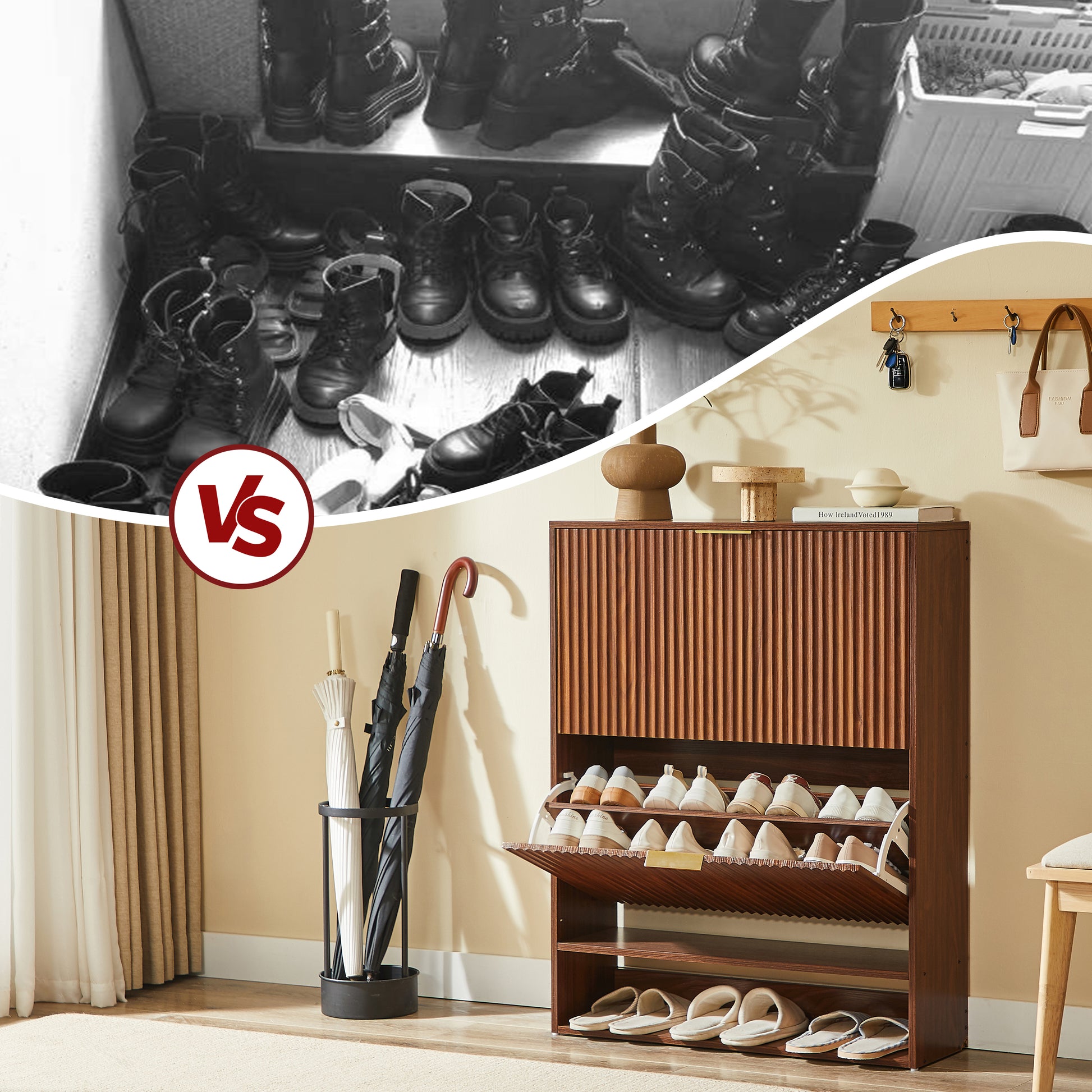 80 x 24 cm Schuhschrank mit Nutfront – Höhenverstellbar mit Kippschutz und Dekotisch für den Flur, in Nussbaum-Optik