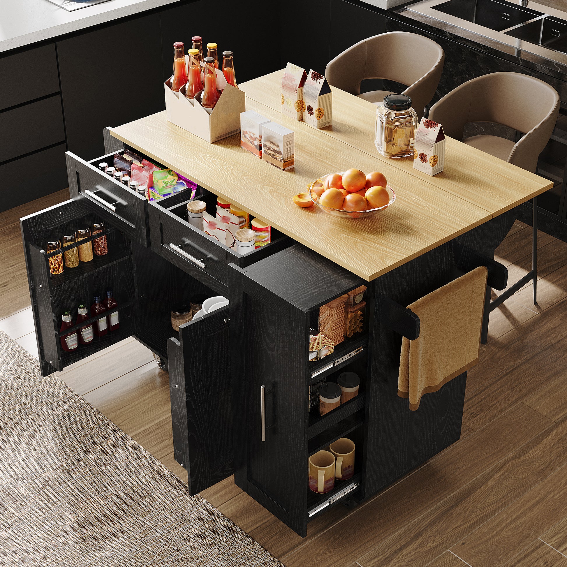 Gigab2b original image - Moderne Kücheninsel, Küchenschrank, buffetschrank, Speisewagen mit Holzmaserung, Multifunktionale Esstisch mit Speicherraum, Speisewagen mit Snackregalen und Stretchfunktionsschränken, Schwarz