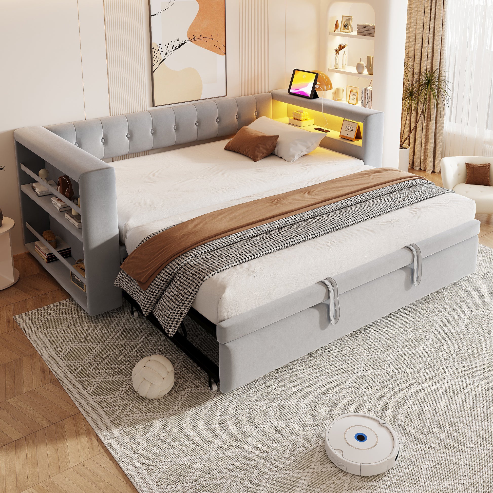 Gigab2b original image - Polsterbett 90/180×190 cm, mit LED-Beleuchtung, Steckdosen und viel Stauraum; Polsterbett, Multifunktionales Schlafsofa, Einzelbett, Hellgrau
