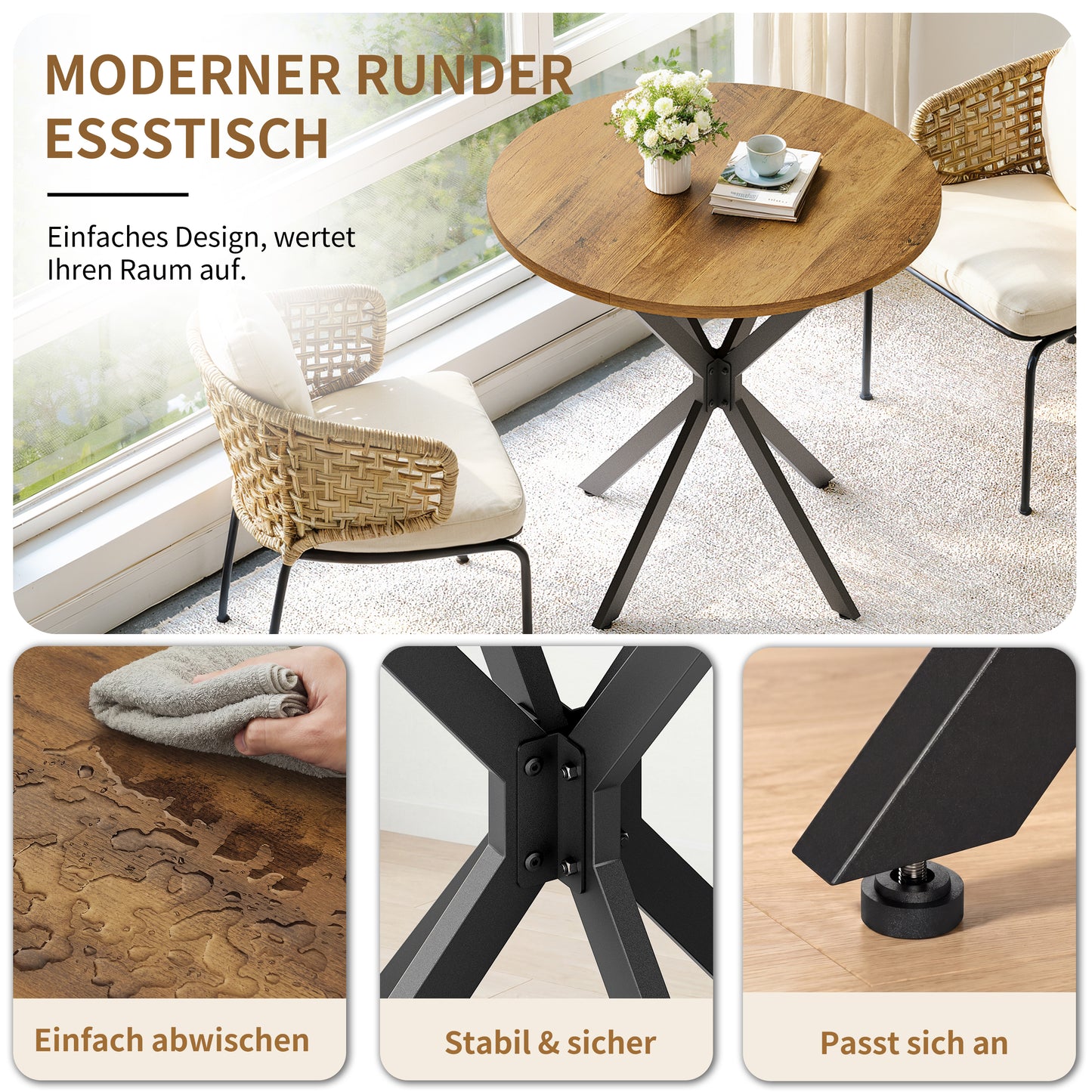 Runder Tisch im Bauernstil mit X-Beinen, 80 cm - Küchentisch, Esstisch für Wohnzimmer, Homeoffice, Balkon oder Café - Retro Braun & Schwarz