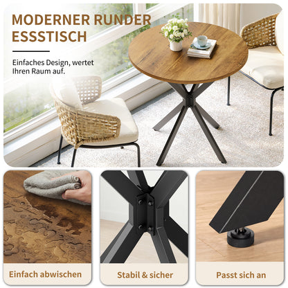 Runder Tisch im Bauernstil mit X-Beinen, 80 cm - Küchentisch, Esstisch für Wohnzimmer, Homeoffice, Balkon oder Café - Retro Braun & Schwarz