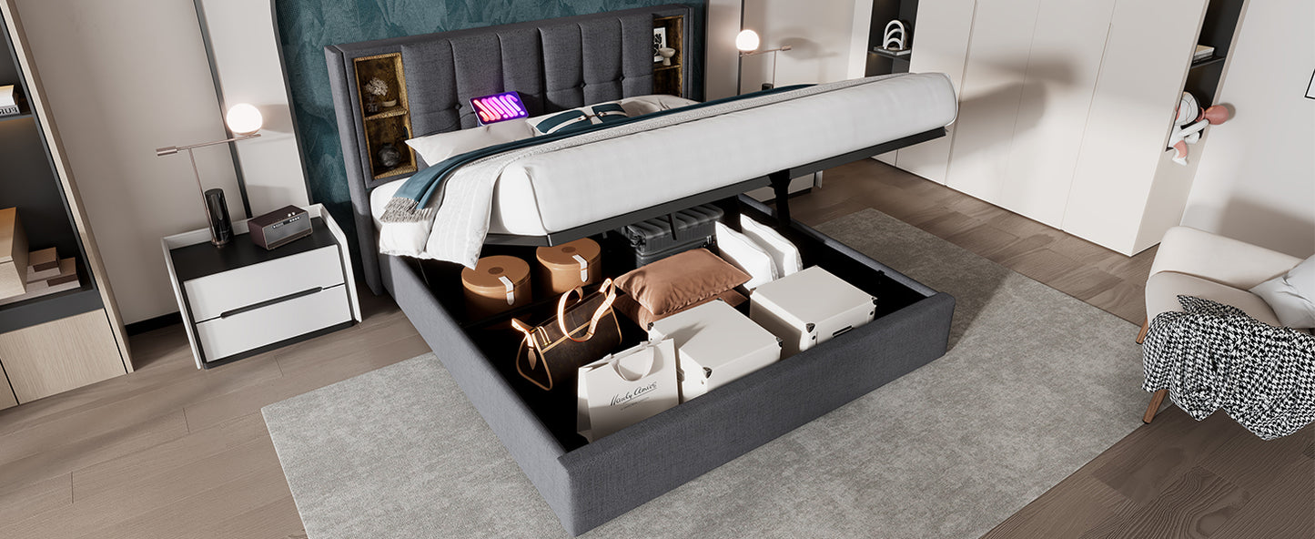 (=AB20359798N)Doppelbett mit Kabellosem Laden USB C, Polsterbett  Bettgestell 180x200cm,Bettgestell mit Stauraum Lattenrost aus Holz-Natürlich Leinen