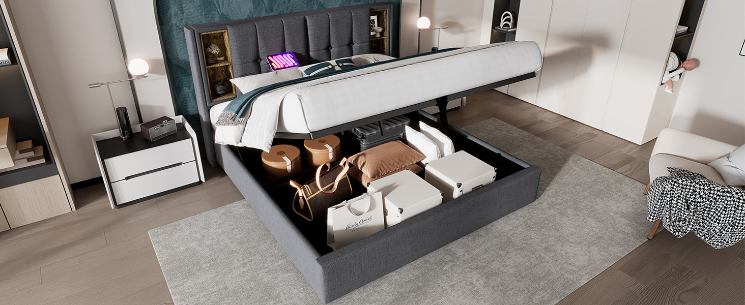 (=AB20359798N)Doppelbett mit Kabellosem Laden USB C, Polsterbett  Bettgestell 180x200cm,Bettgestell mit Stauraum Lattenrost aus Holz-Natürlich Leinen