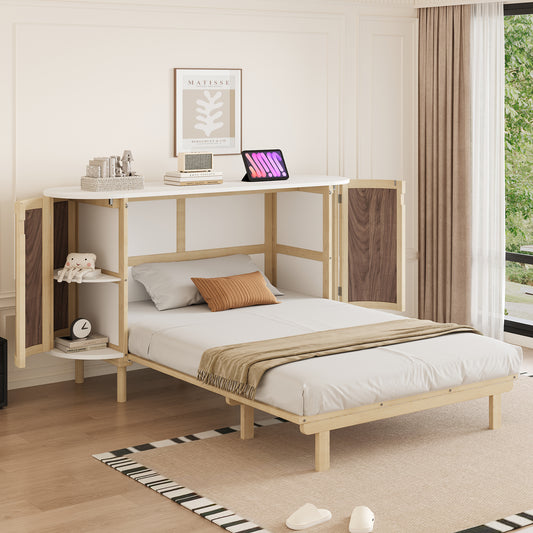 Gigab2b original image - Schrankbett 140 x 200 cm, Wandbett mit Lattenrost, Wandklappbett, Vertikales schrankbett mit Lattenrost, mit Staufächern, Rattan-Design, Holzbetten, Jugendbetten, Einzelbetten,Holzfarbe