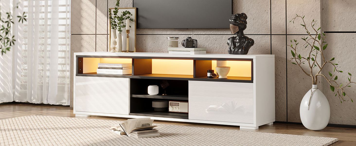 150 × 35 × 50 cm LED-TV-Bank aus Hochglanz-Spanplatte, Modernes Lowboard mit Stauraum für kleine Wohnzimmer,Unterschrank mit zwei Türen,8 Lagerräume,Speziell für kleine Wohnungen konzipiert
