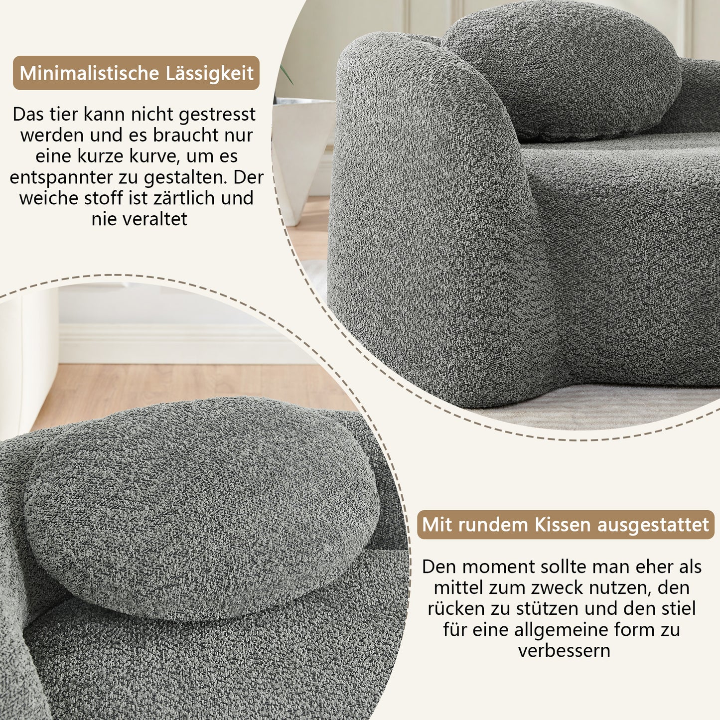 Minimalistisches Teddyfleece-Sofa mit abgerundetem Design, weich gepolsterte Couch mit Kissen, vielseitig einsetzbar für Wohnzimmer, Schlafzimmer und Studio,Gray