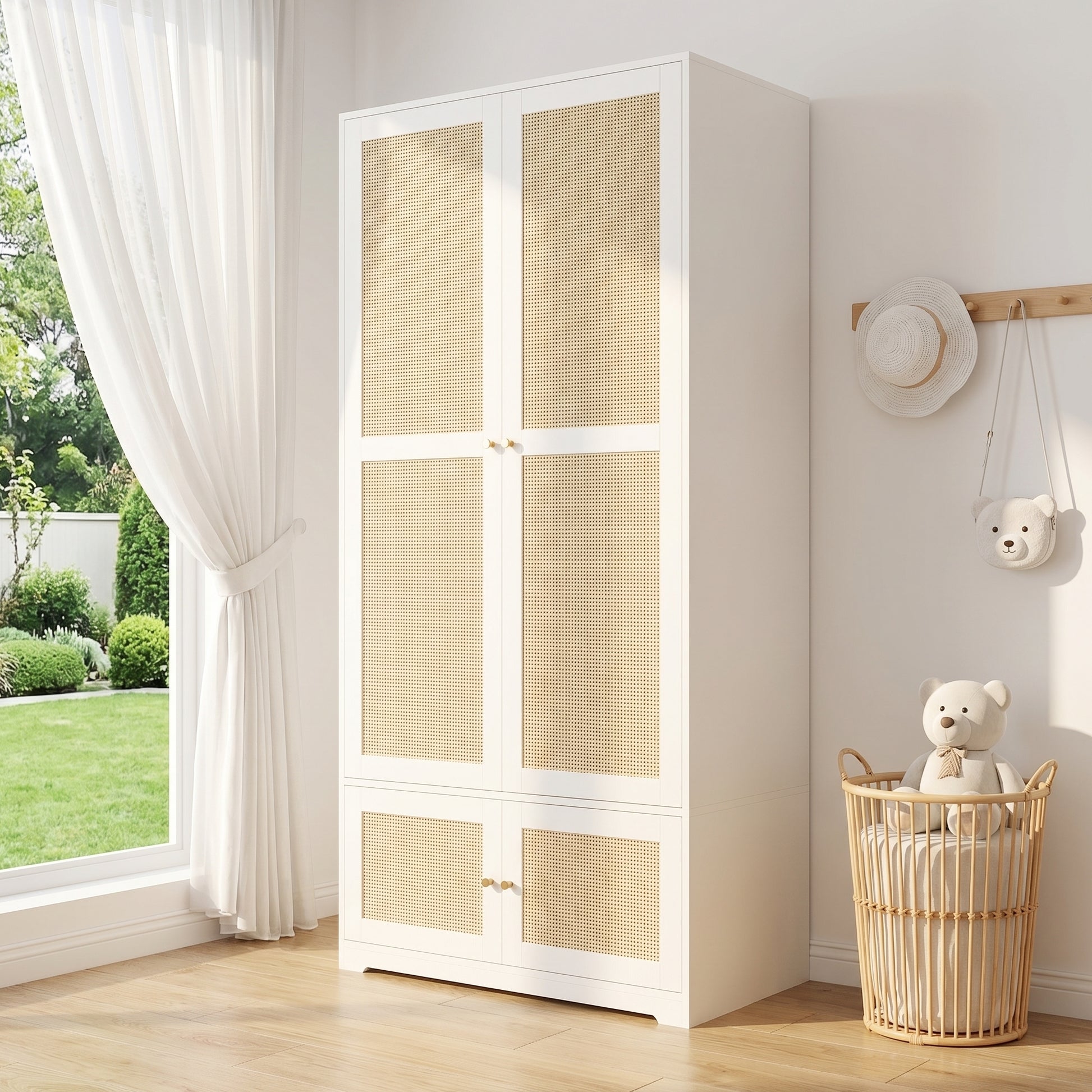 Gigab2b original image - Rattankleiderschrank,2-türige Kleiderschränke,  Kleiderschrank, mit Kleiderstange und Stauböden, aus MDF und lackierten Fronten, Schlafzimmerkleiderschrank, weiß, 90 x 48 x 180cm