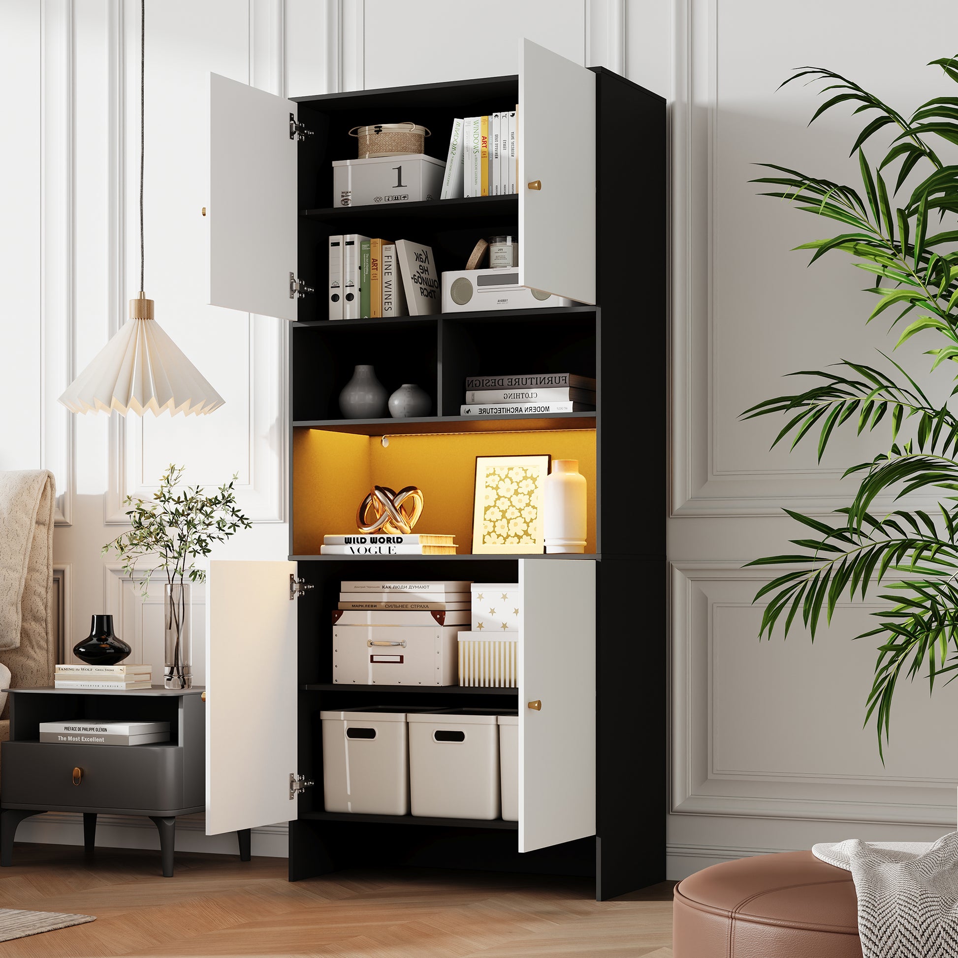 Gigab2b original image - Mehrzweckschrank / Sideboard mit 4 Türen & 3 offenen Fächern Zweifarbig in Schwarz und Weiß, aus Holz. Ideal für Wohnzimmer, Schlafzimmer & Küche. Maße:80 x 40 x 185 cm