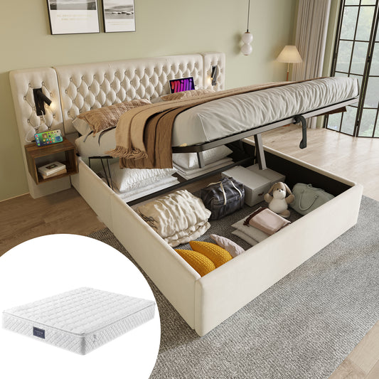 (=ABMA260234B)Bettanlage Schlafzimmer Komplett Set,Polsterbett Hydraulisch Stauraumbett Doppelbett 160×200 cm mit 2 Nachttischen, Kopfteil Leselicht mit USB Ladefunktion, Beige, Samt(Mit Matratze)