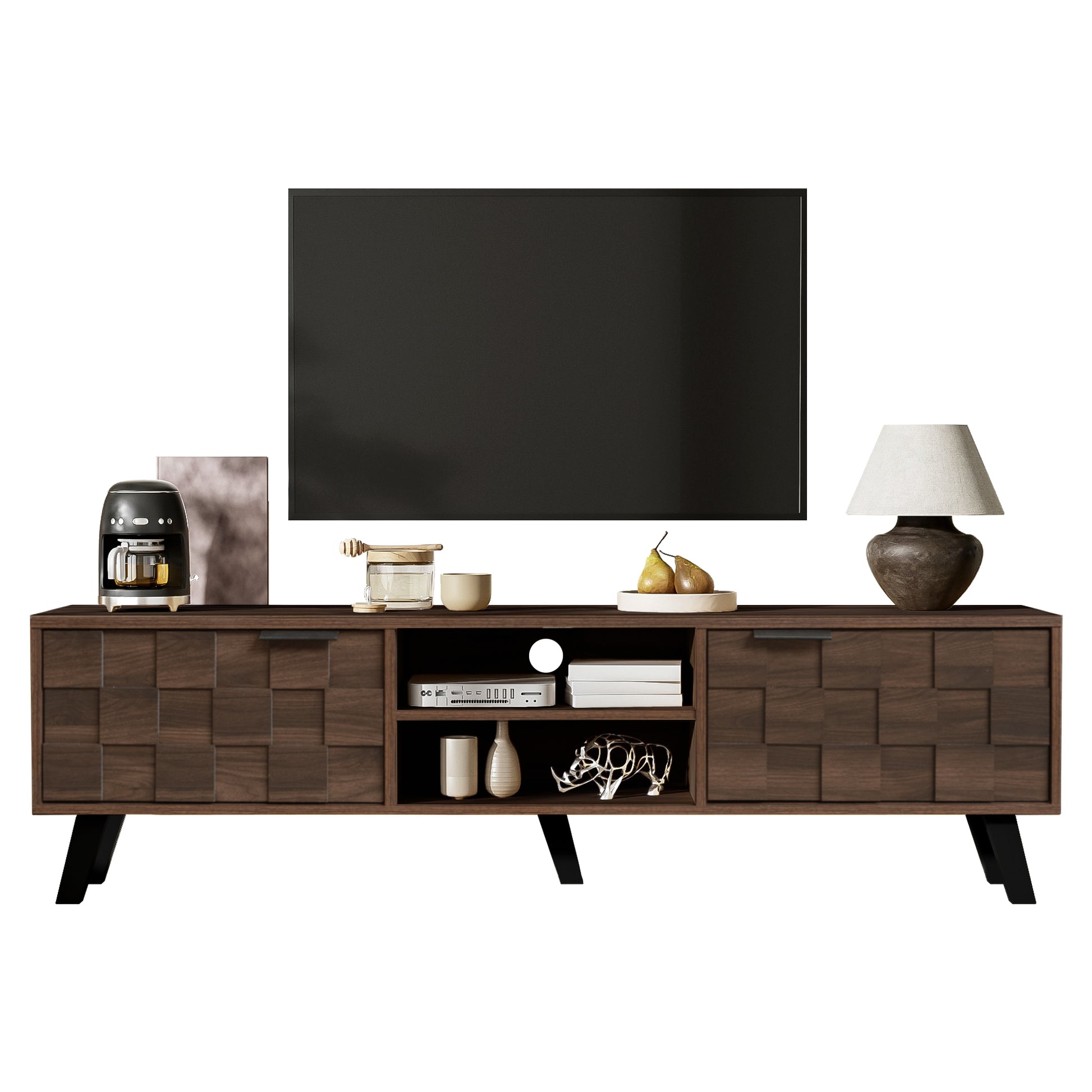 Gigab2b original image - Moderner TV-Schrank mit 2 Türen und 2 offenen Fächern in dunkelholzener Maserung – 160,5 x 35,5 x 45 cm