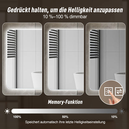 60 x 100cm LED Badezimmerspiegel mit Hintergrundbeleuchtung, Anti-Beschlag, 3 Lichtfarben, Stufenlos Dimmbar, Memory-Funktion, IP44 Wasserdicht, Horizontal & Vertikal Montierbar
