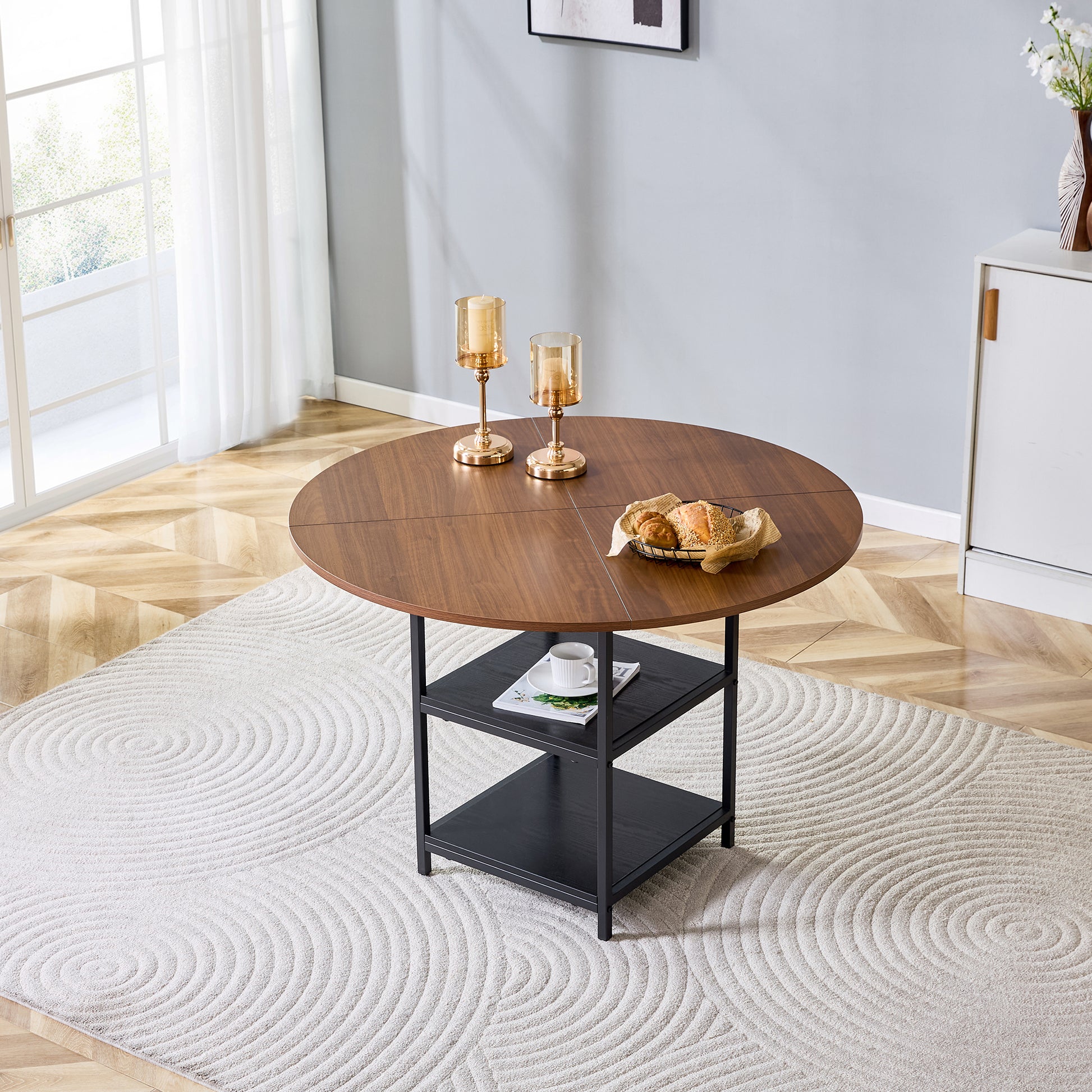 Gigab2b original image - Runder Esstisch mit 107 cm Durchmesser und doppelter Ablage in Nussbaum-Optik, MDF-Platte + Metallgestell, geeignet für 2–4 Personen, perfekt für europäische Familienessen.