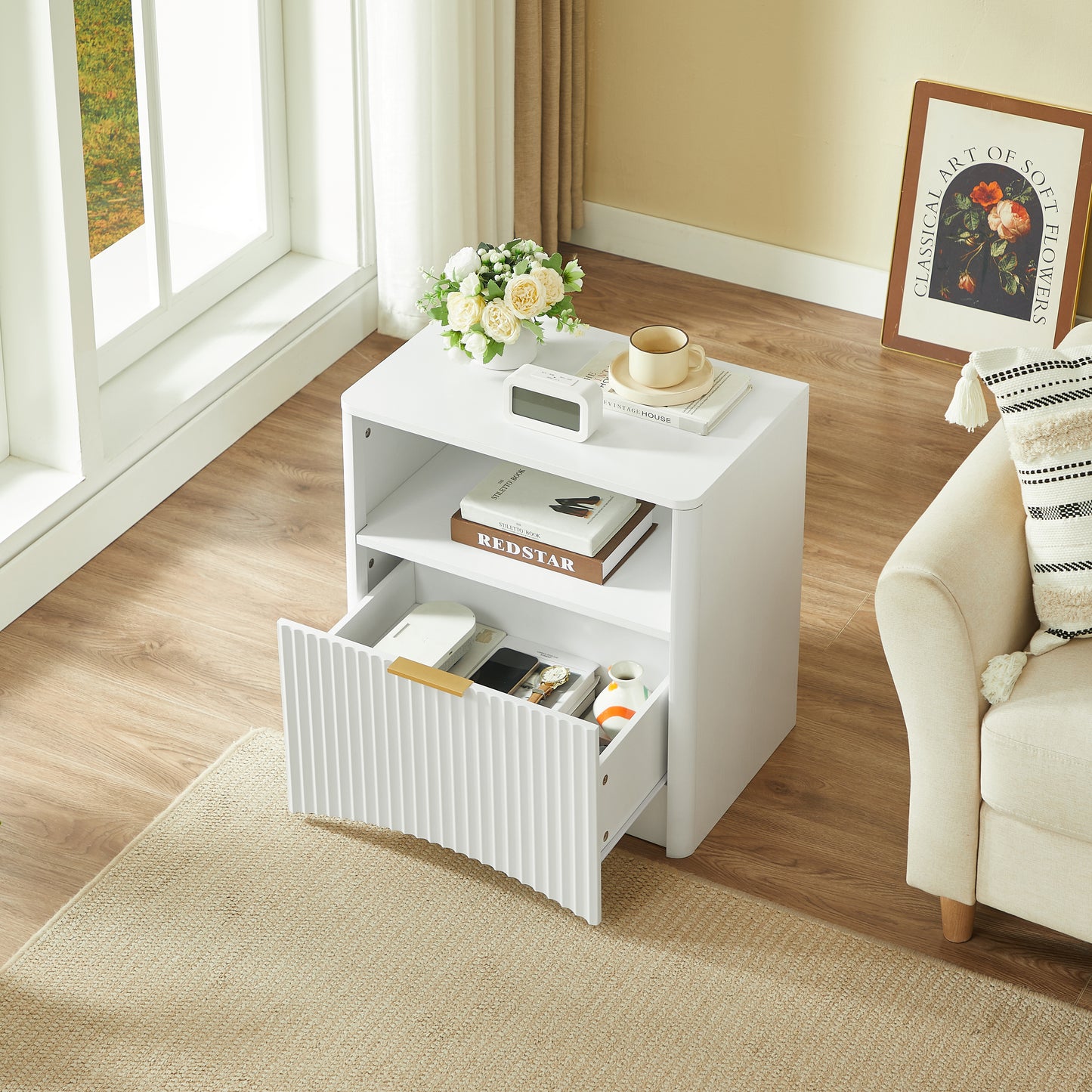 Space-Saving Nightstand with Open Drawer and Gold Knobs