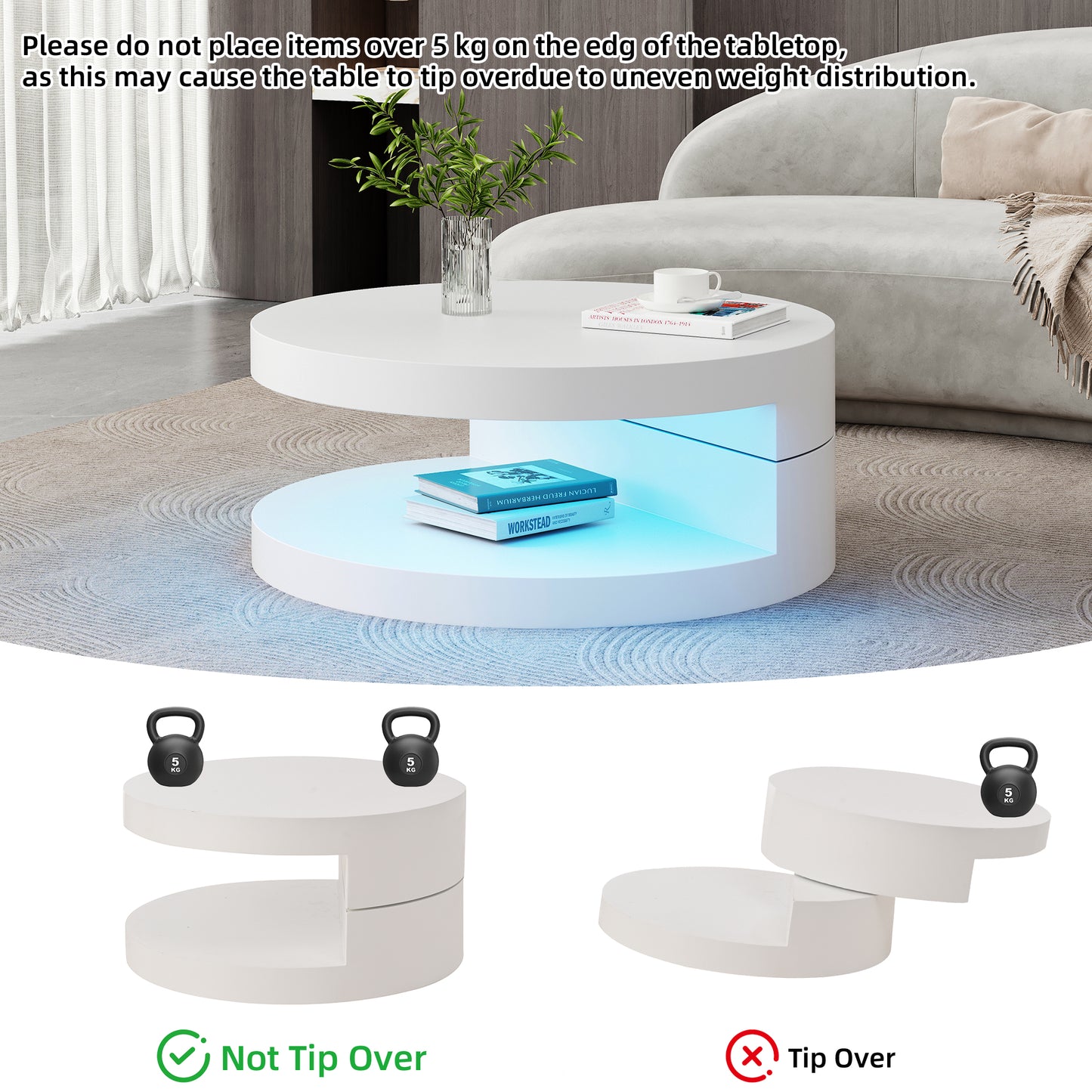 N625P300074W 70*70*35.5cm Couchtisch, Obere Tischplatte 360° frei drehbar, Drehbarer Sofatisch mit LED-Lichtleiste, Zylindrischer Wohnzimmertisch aus MDF, belastbar bis 30 kg, 2-Schicht-Aufbau,Weiß