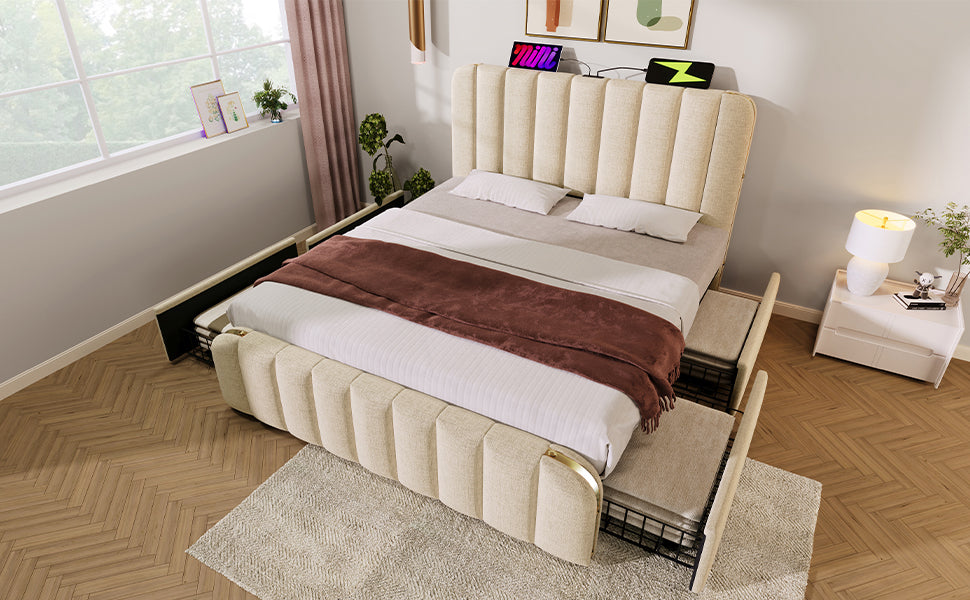 Polsterbett Doppeltes, gepolstertes Kopfteil mit goldenen Zierstreifen und ,USB Typ-C Ladefunktion 140*190 cm, Beige Leinen-Material mit 4 Schubladen ,Belastbarkeit 181 kg (Ohne Matratze)