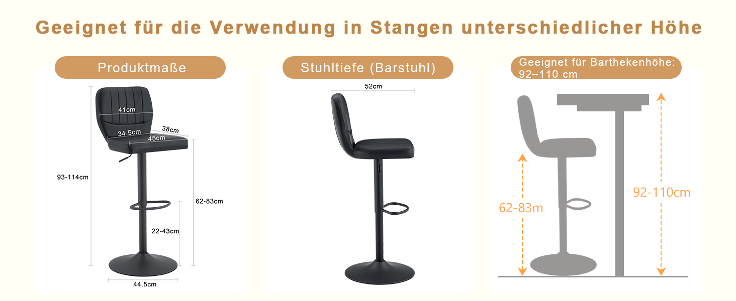 Barhocker höhenverstellbar 62-83cm, 360° drehbarer Barstuhl mit Rückenlehne & Fußstütze, Ergonomischer Küchenhocker aus Kunstleder, belastbar bis 136kg, Schwarz
