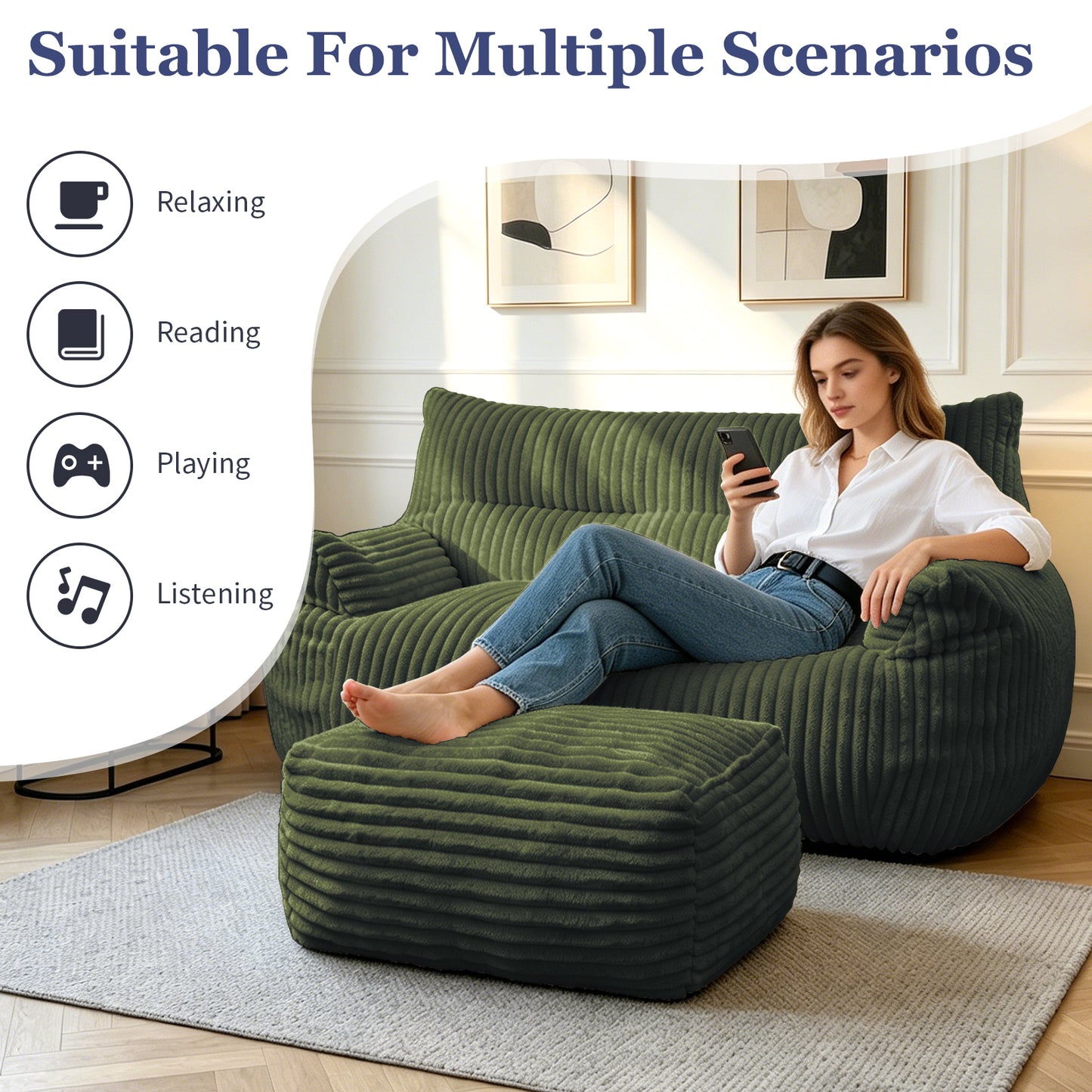 Double Bean Bag Chair with Ottoman - Large Loungers for Living Rooms