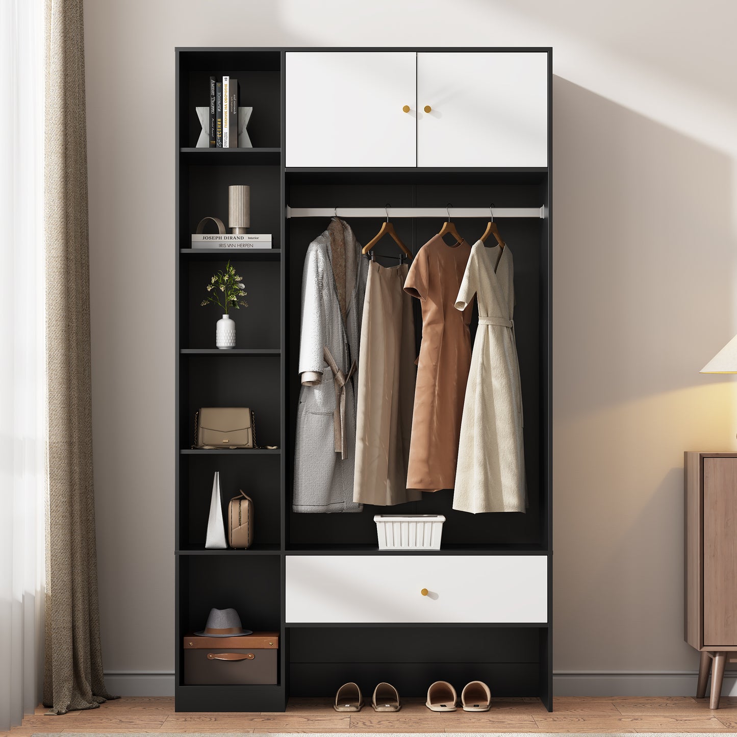 Gigab2b original image - Kompakte Flurgarderobe in Schwarz+Weiß Garderobenset mit 2 Türen, 6 Fächern, Kleiderstange & Schublade, Maße:105x185x40cm