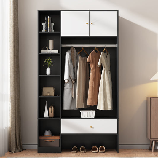 Gigab2b original image - Kompakte Flurgarderobe in Schwarz+Weiß Garderobenset mit 2 Türen, 6 Fächern, Kleiderstange & Schublade, Maße:105x185x40cm