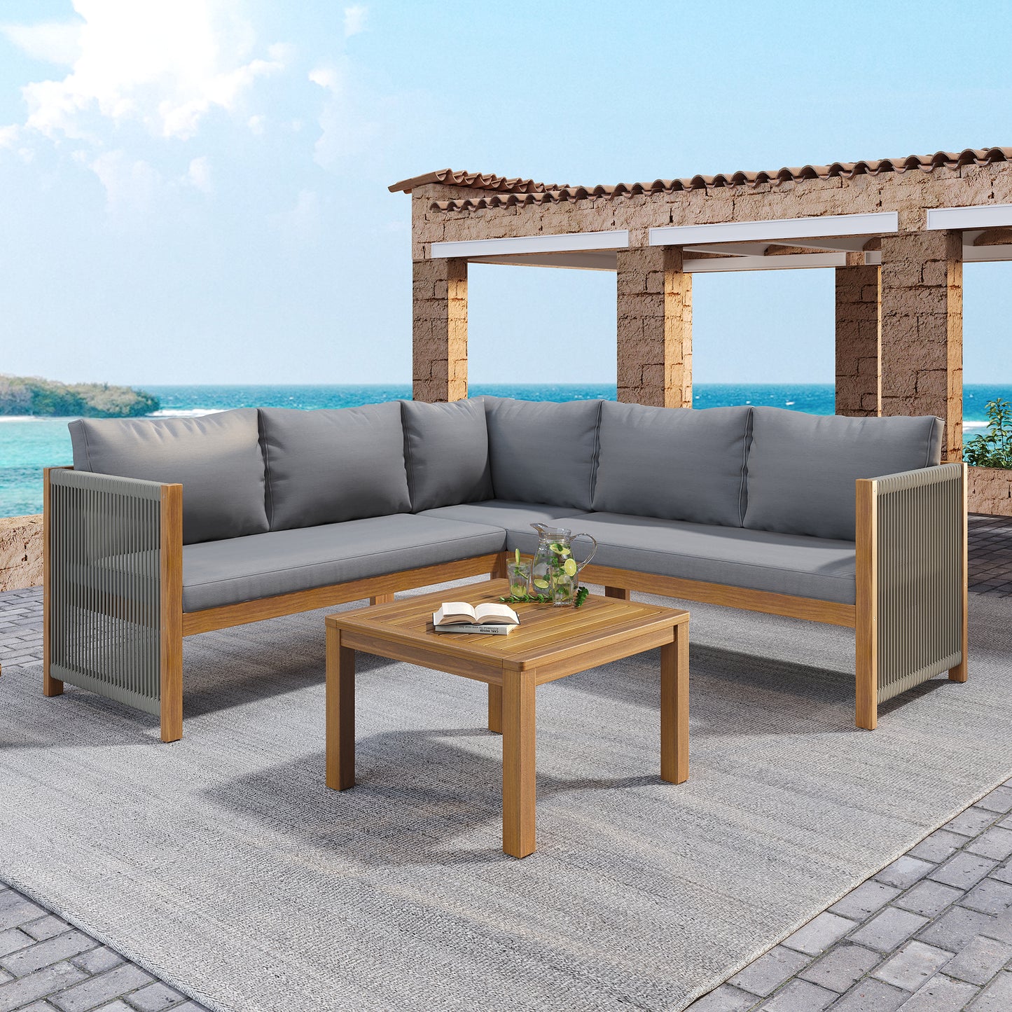 Gigab2b original image - Gartenmöbel-Set, Ecksofa + Couchtisch, Akazienrahmen, Akazientischplatte, geflochtenes Seilhandwerk, geeignet für den Garten, Grau