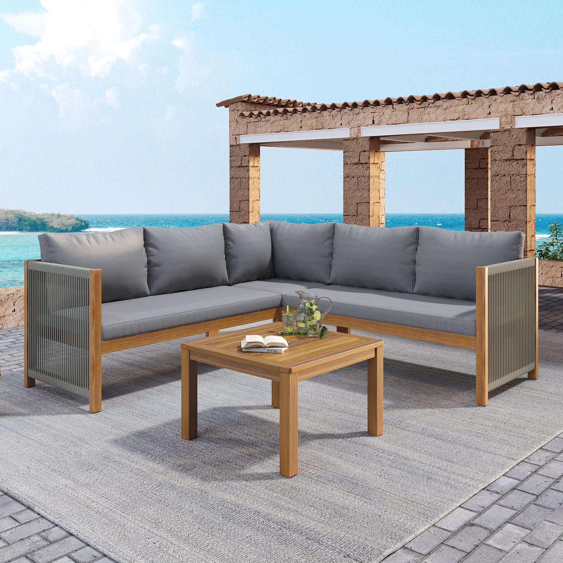 Gigab2b original image - Gartenmöbel-Set, Ecksofa + Couchtisch, Akazienrahmen, Akazientischplatte, geflochtenes Seilhandwerk, geeignet für den Garten, Grau